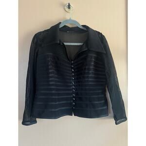 Vintage Black Pleated Evening Jacket Size 14 Rhinestone Buttons Sheer Mesh